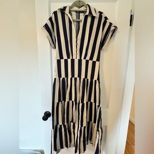 Collared Navy and Cream Striped Tiered Midi Dress